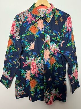 Soft Surroundings Garden Floral Cotton Button-Up Shirt Bright Blooms Butterflies